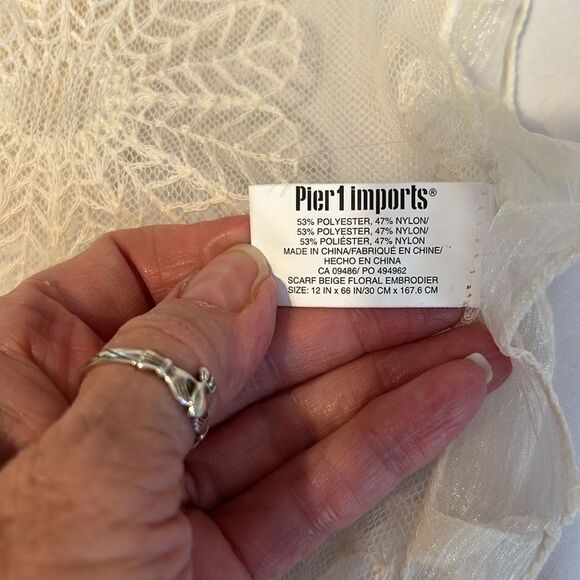 Pier1 cream colored lacy embellished oblong scarf 71” long including fringe EUC - Picture 6 of 13